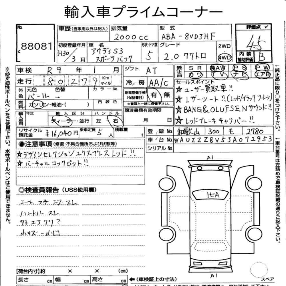 Original auction condition report for 2018 AUDI S3 2.0 TFSI quattro Sportback